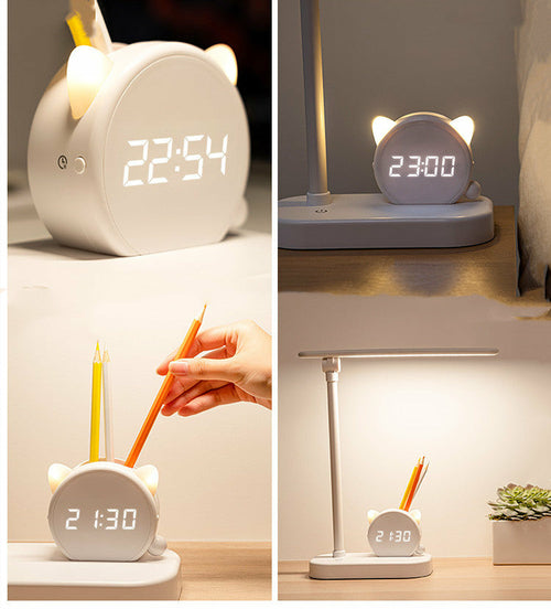 LED Eye Protection Desk Lamp Pen Holder With Clock