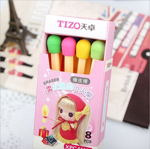 8Pcs Cute Matches Eraser Lovely Colored Eraser for
