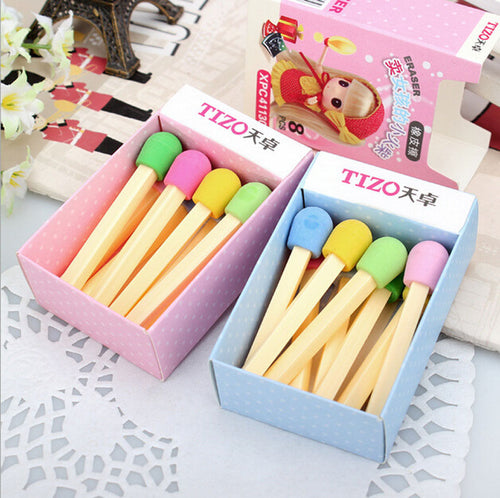 8Pcs Cute Matches Eraser Lovely Colored Eraser for